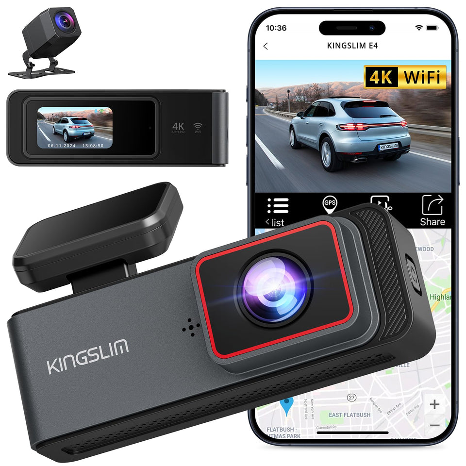 Kingslim E4 front unit mounted on windshield showing clear road capture benefit