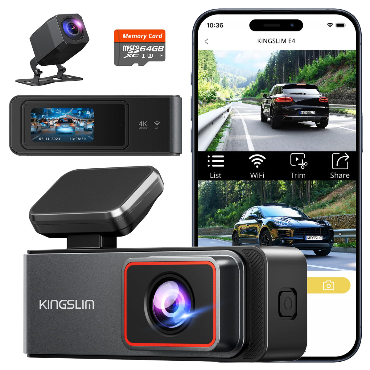 Kingslim E4 front camera showing 4K lens and wide-view for clearer daytime detail
