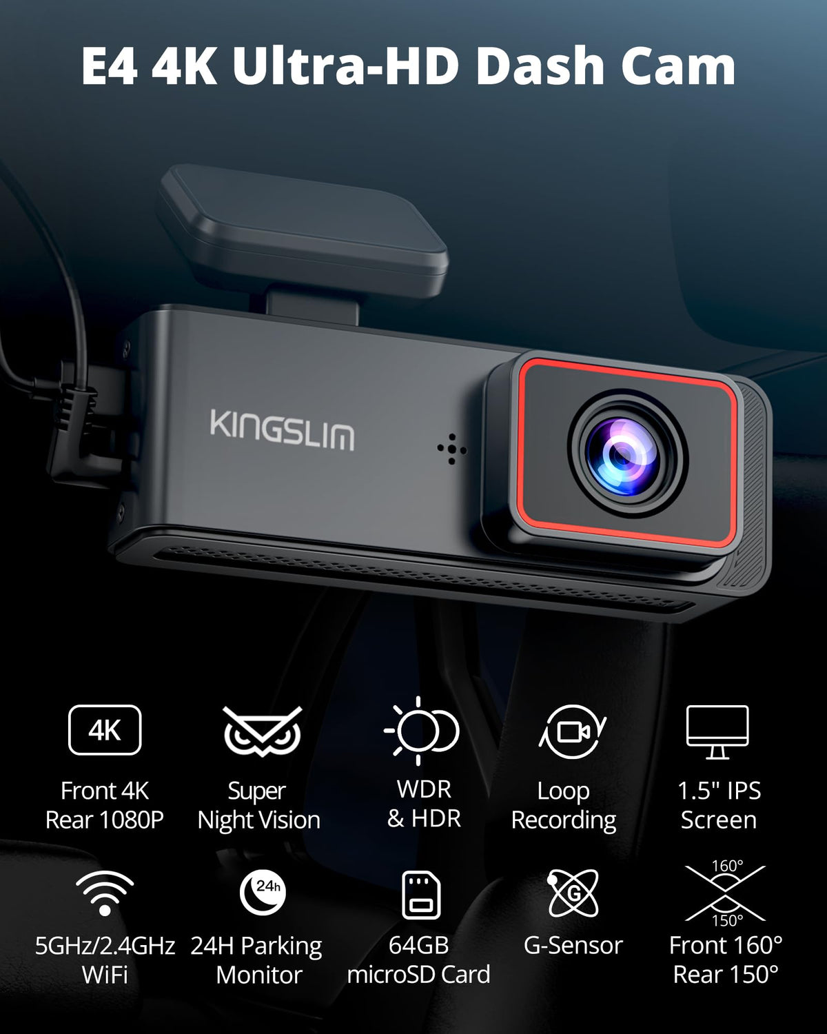 Kingslim E4 rear camera mounted on rear window delivering rear coverage benefit