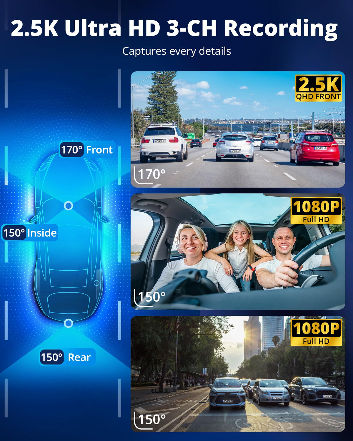 Kingslim O3Pro rear camera 1080p widens view for comprehensive rear coverage.
