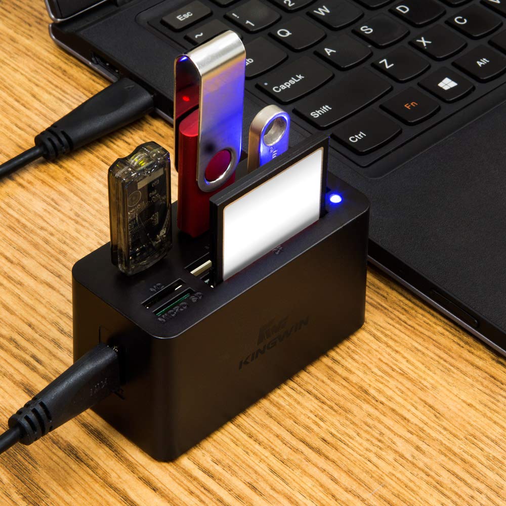 Kingwin USB hub ports for charging and data transfer with 5 Gbps speed.