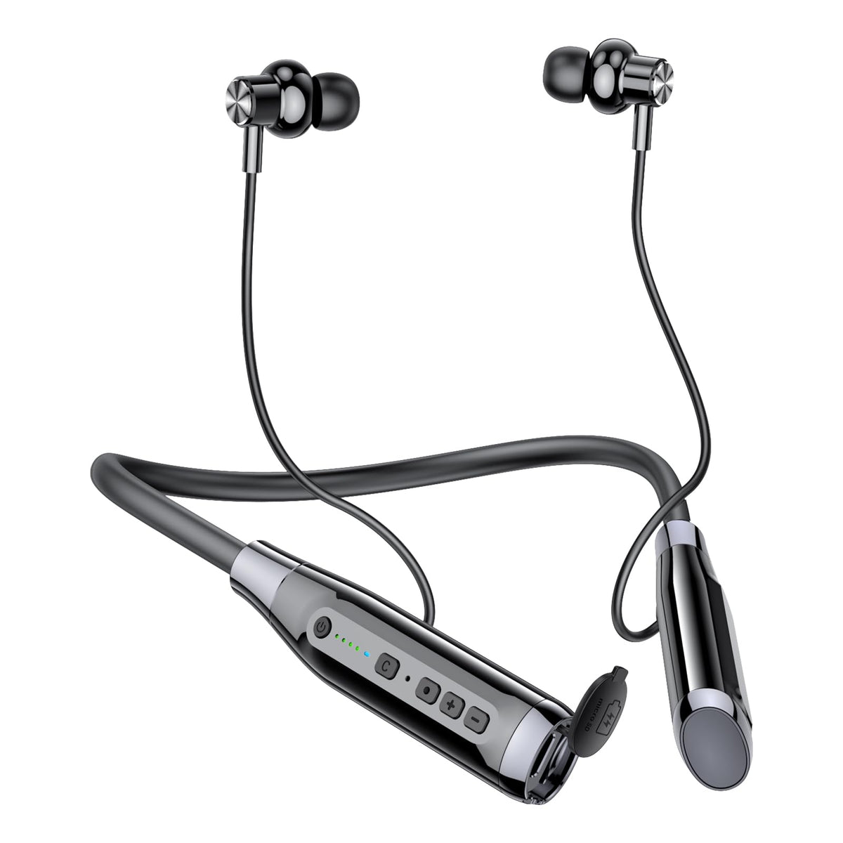 Kinobo front view of black neckband headphones showing sleek design and comfort