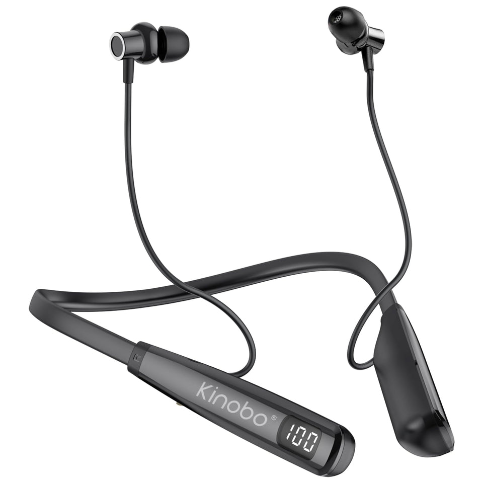 Kinobo neckband headphones promo image highlighting wireless design for daily use