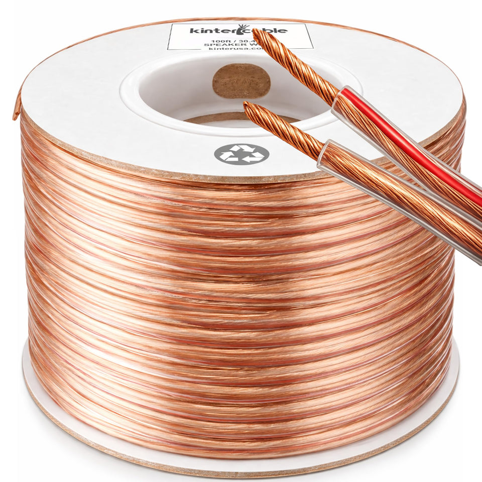 Kinter 12 AWG speaker wire on a spool, ideal for clean, organized home theater wiring.