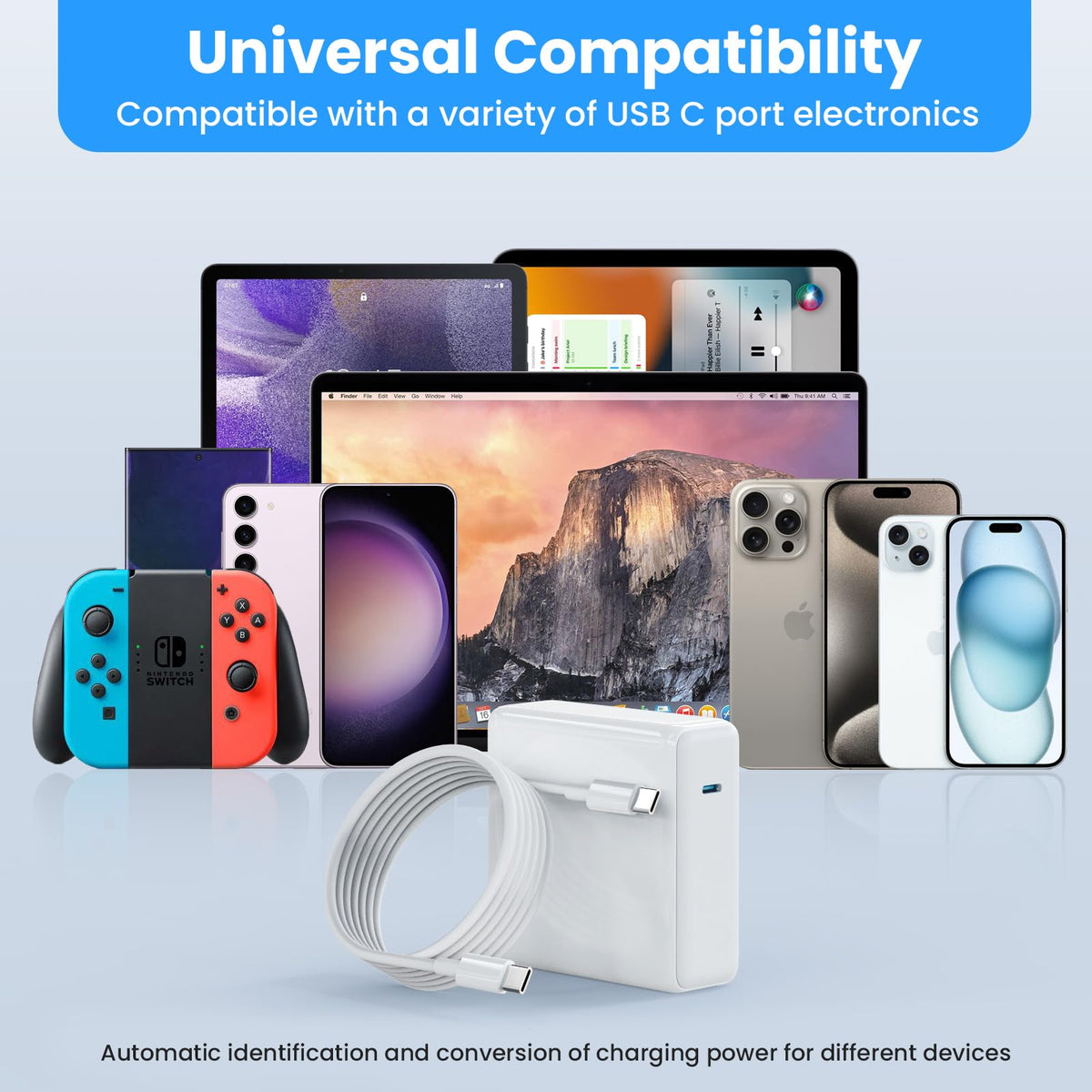Kioson 120W USB-C Charger compact desk setup with cable management.