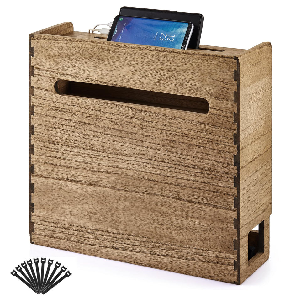 KIRIGEN solid wood router storage box with visible grain concealing cables neatly.