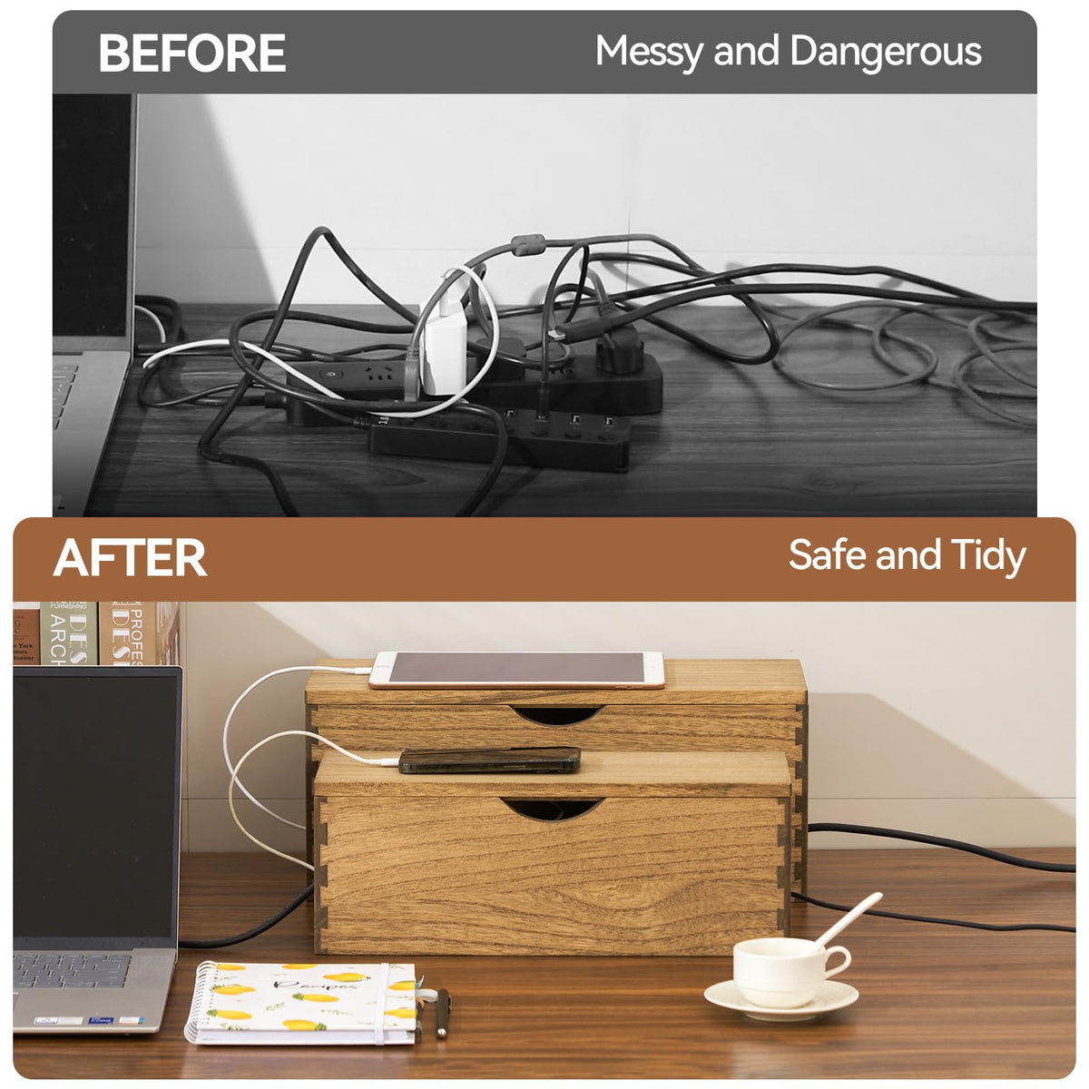 KIRIGEN small box concealing phone chargers and adapters to reduce desk clutter