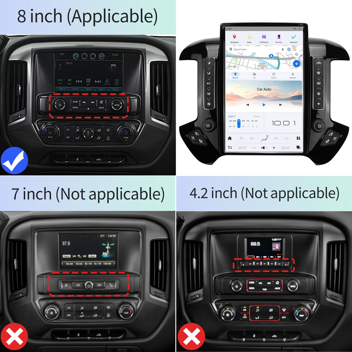 KiriNavi 14.4-inch Tesla-style display showcases CarPlay and Android Auto at a glance.