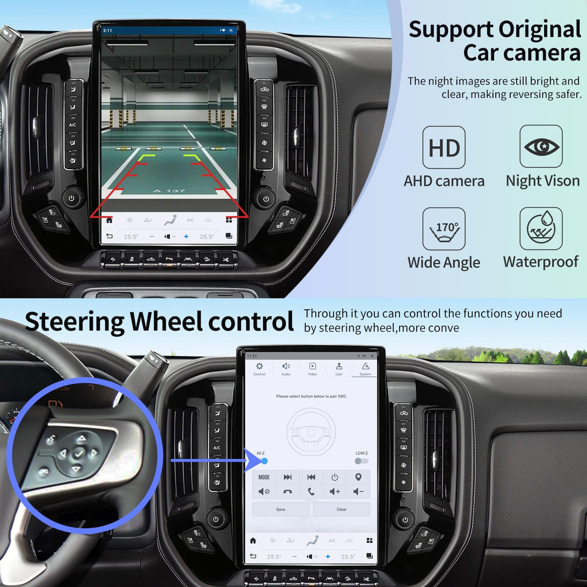 KiriNavi backup camera compatibility enhances parking guidance.