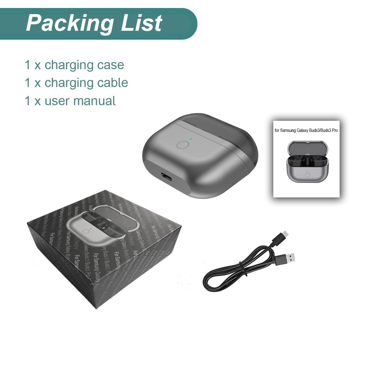 Kissmart Galaxy Buds 3 Pro charging case packaging with case, cable, manual