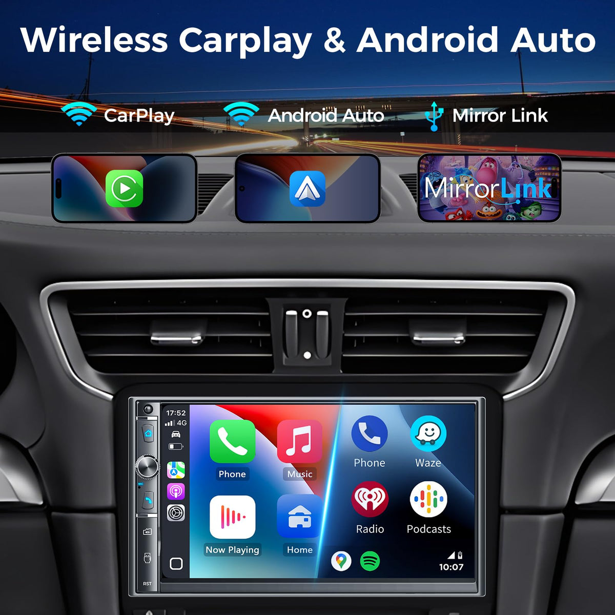 Kissound wireless CarPlay and Android Auto for seamless driving connectivity.