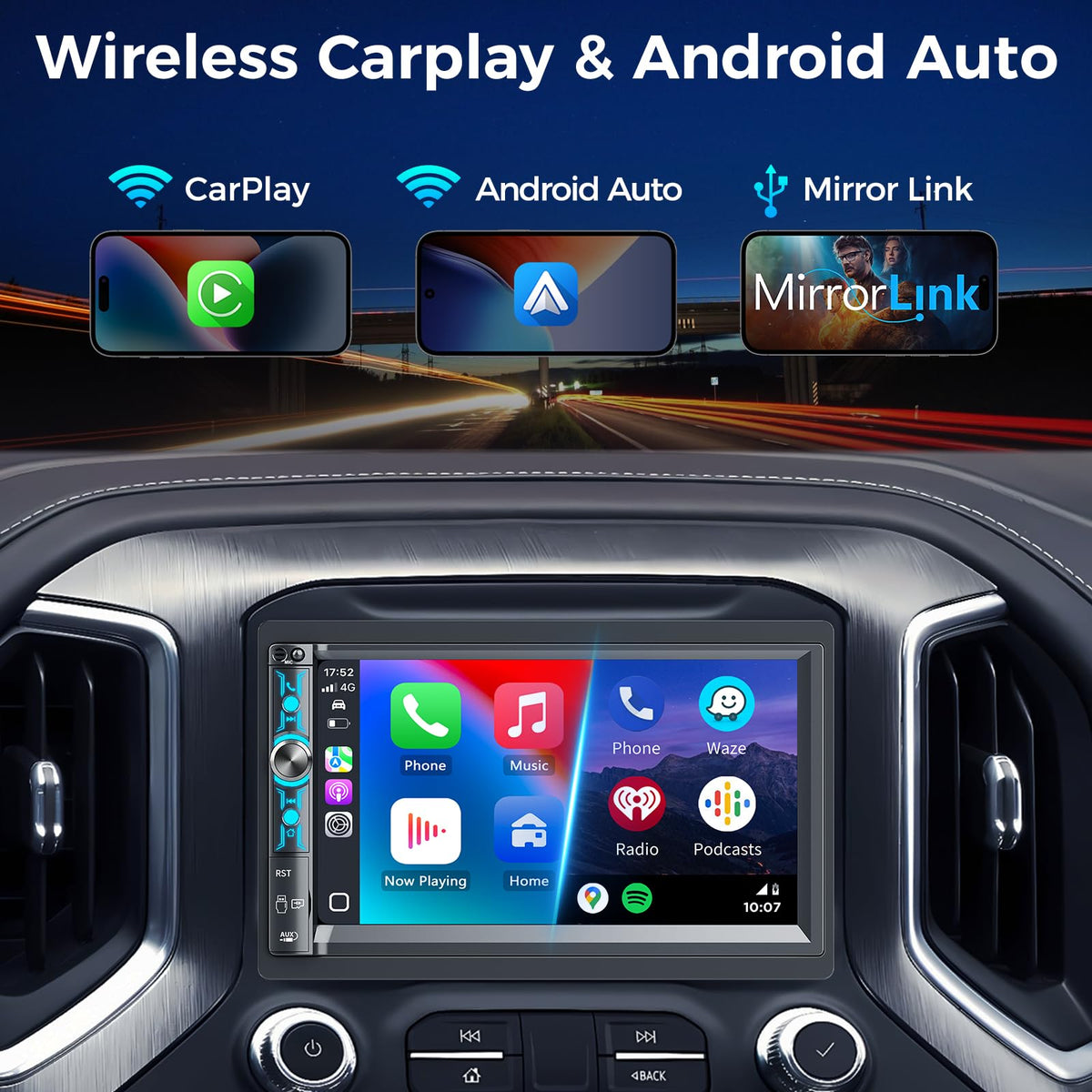Kissound wireless CarPlay and Android Auto for hands-free driving.