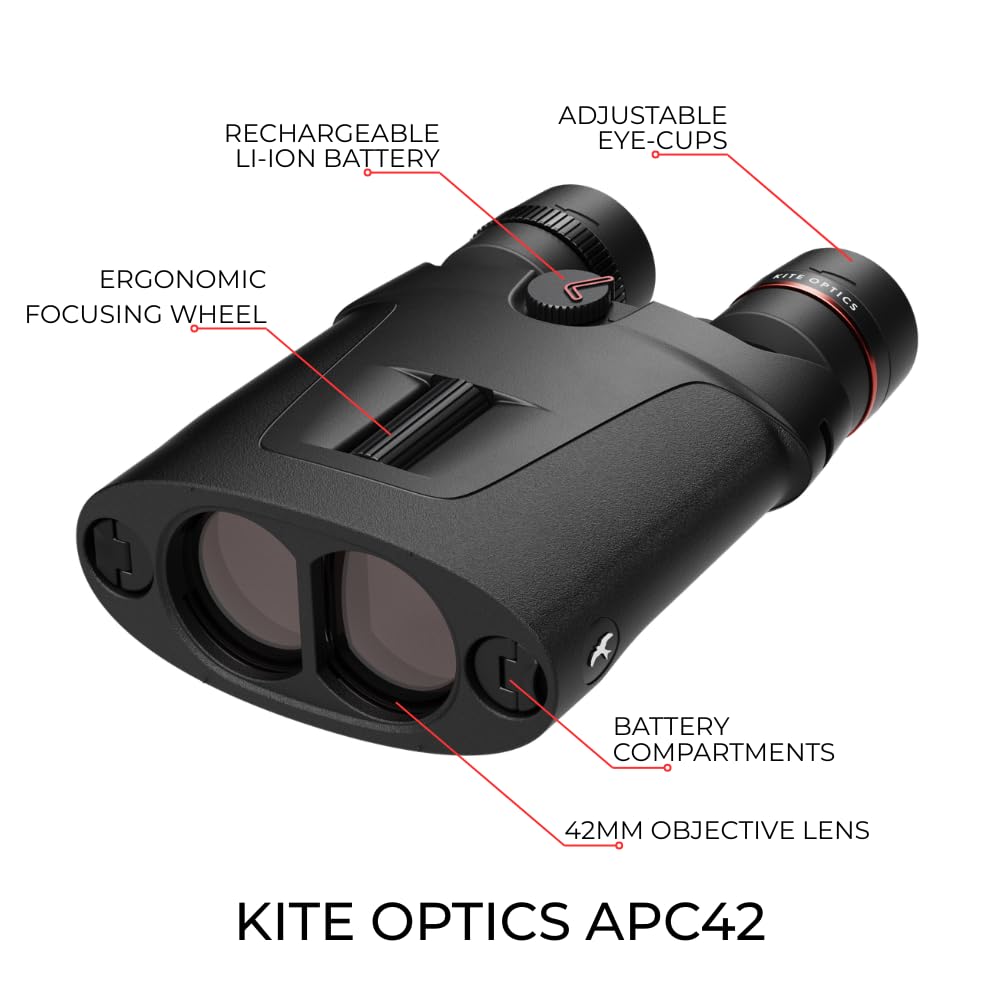 Kite Optics APC stabilized 12x42 binoculars deliver bright birding detail at long distance.