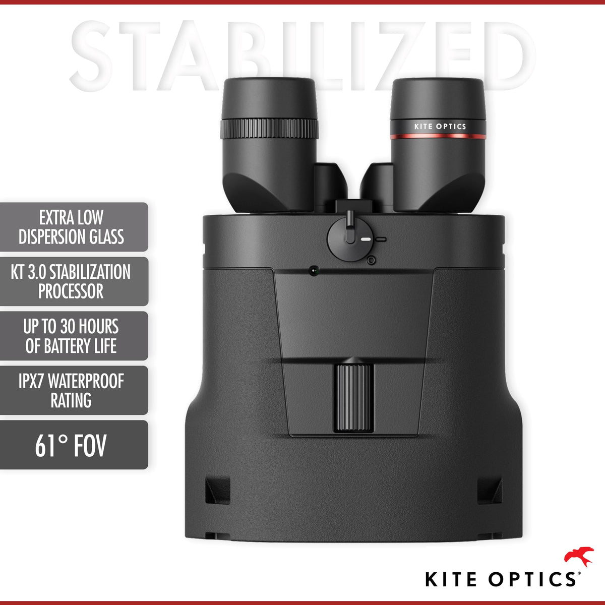 Kite Optics APC Stabilized 18x50 binoculars showcasing image stabilization for steady tracking.