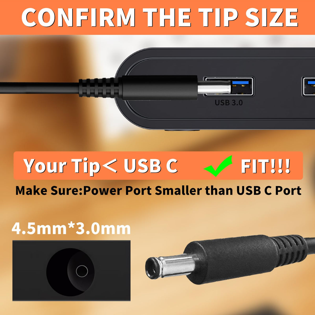 Tip detail showing 4.5mm x 3.0mm connector on the KITEURAD adapter.