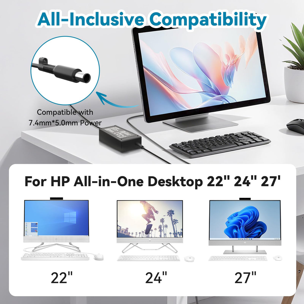 DC output shows 19V 4.74A for HP all-in-one power needs