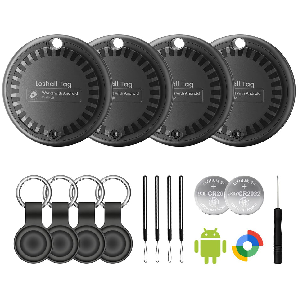 KIUP front view packaging showing four Android-compatible tags for easy tracking
