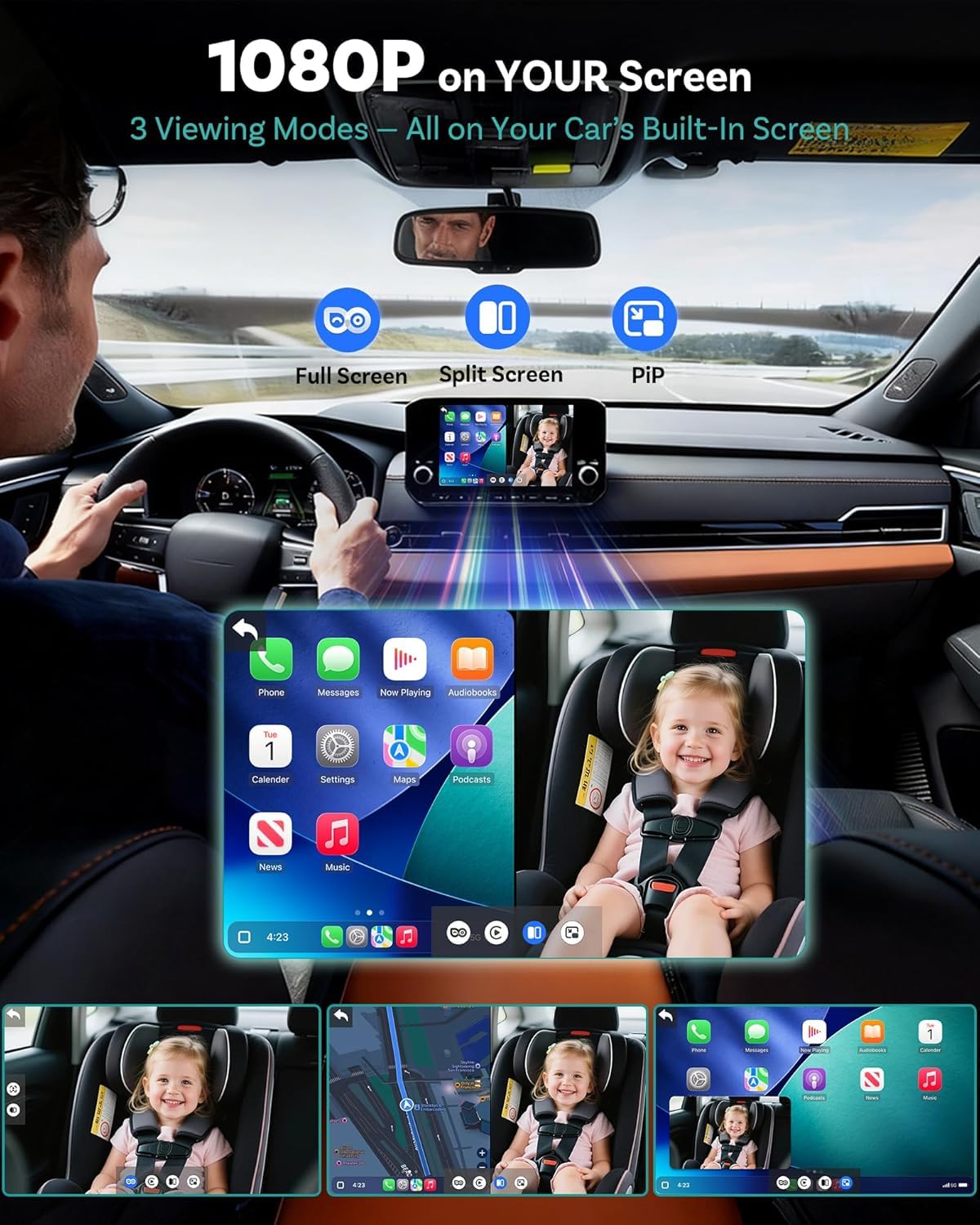 KJPN CarPlay 1080p clarity screen for real-time rear-seat visibility