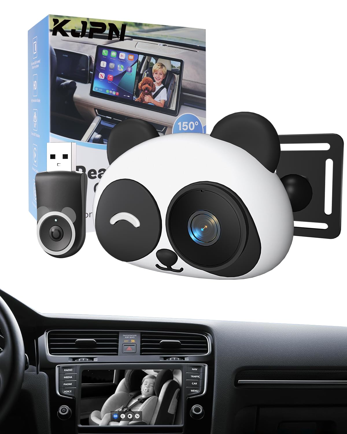 KJPN CarPlay Baby Monitor front view for safe backseat monitoring during drives
