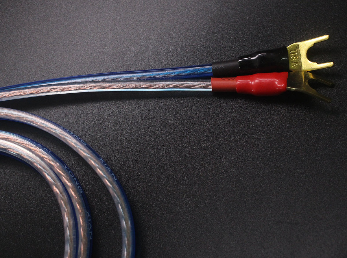 KK Cable YB-ZB shows spade and banana plug ends ready for speaker wiring.