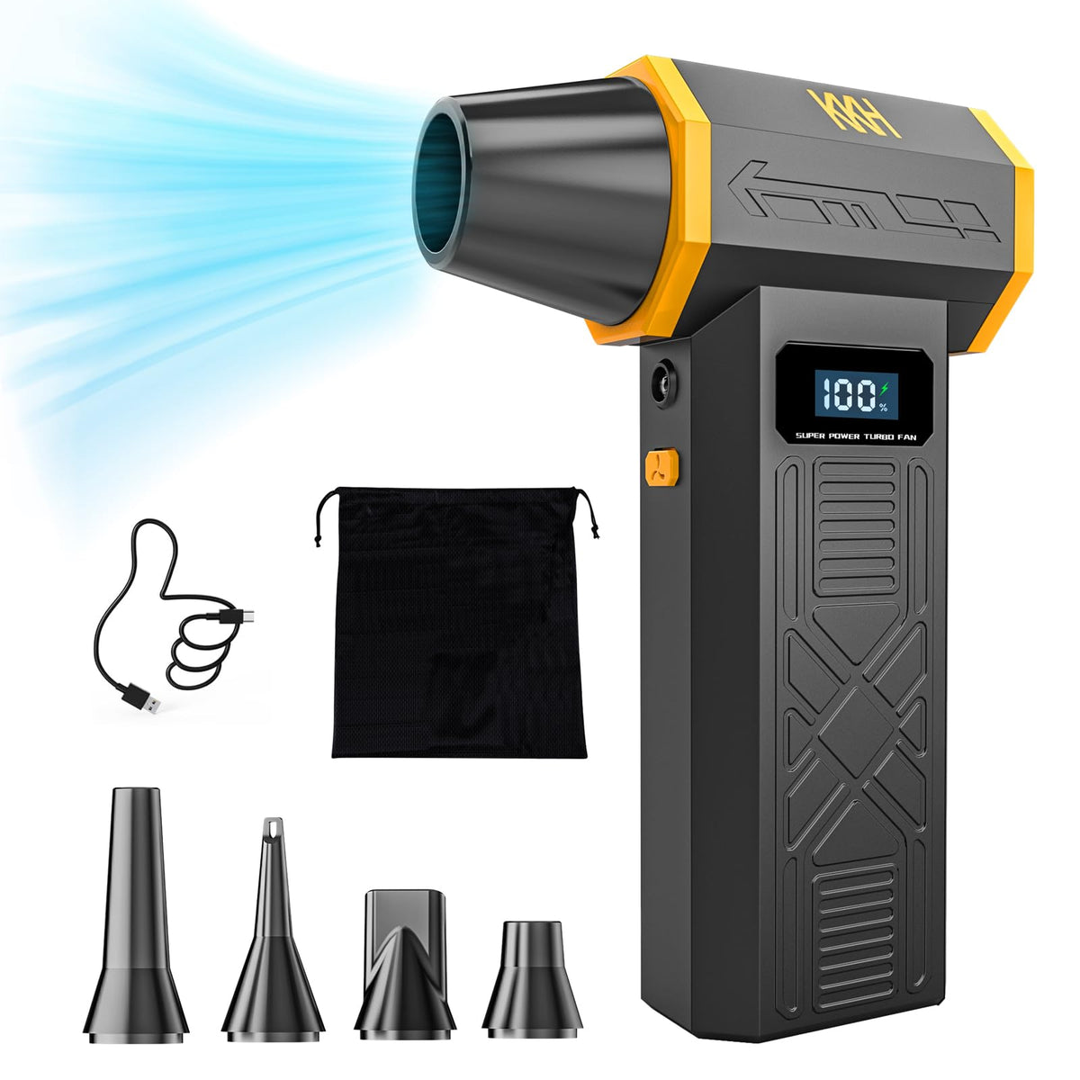 KKH portable air duster with LED display shows remaining battery for planning.