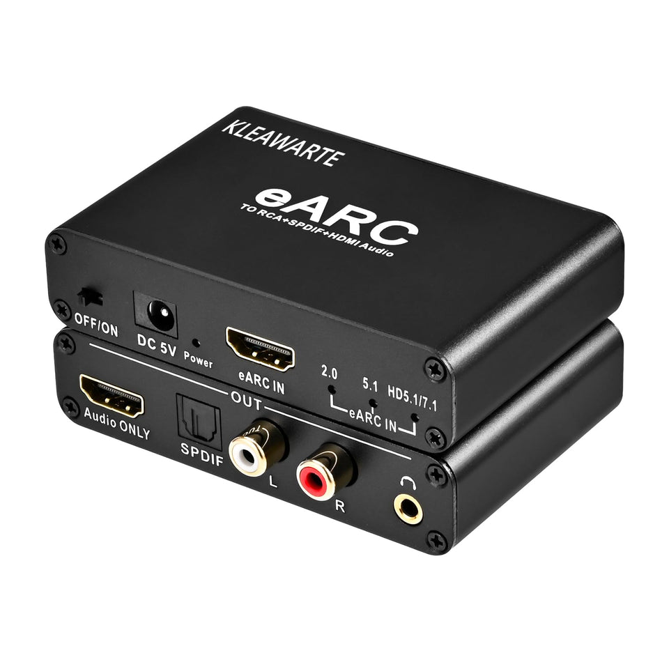 KLEAWARTE eARC Audio Converter front view with versatile outputs for home theater.