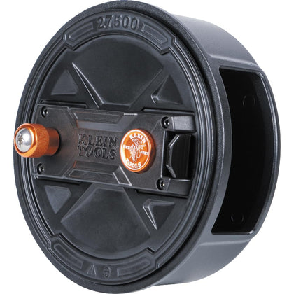 Klein Tools 27500 front view showing compact reel and secure lid, improves jobsite efficiency