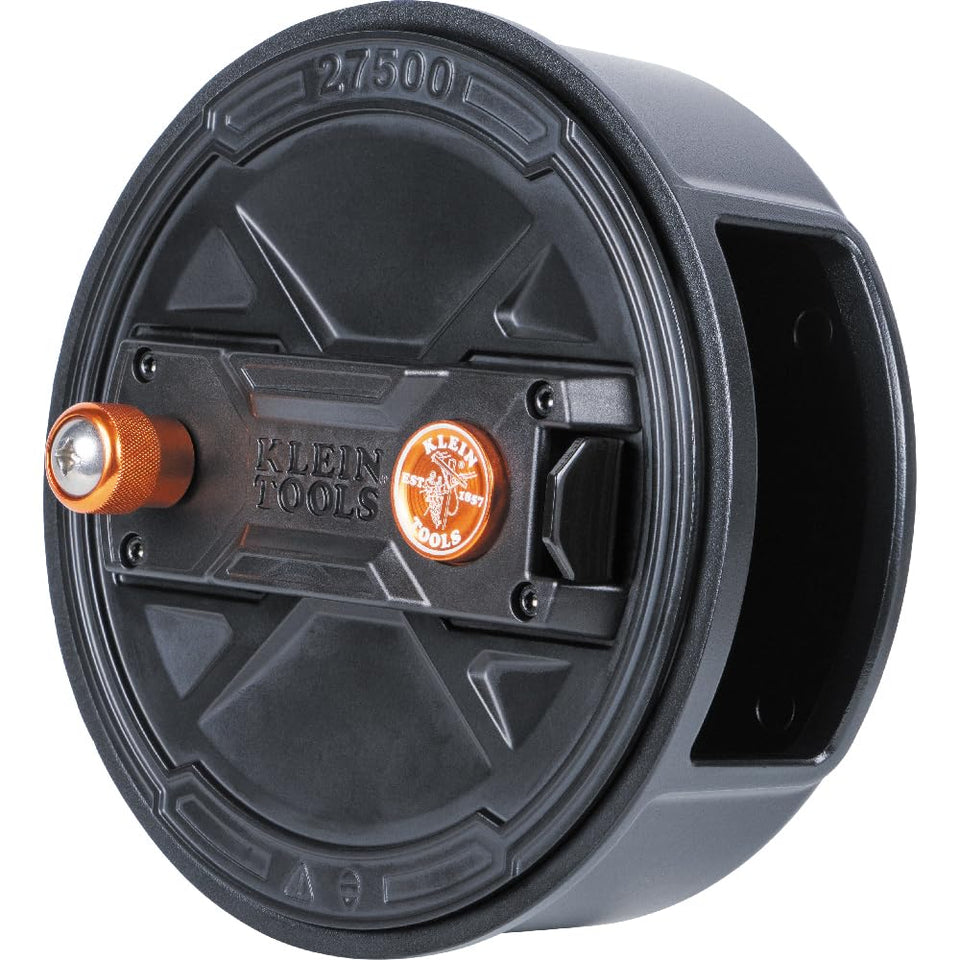 Klein Tools 27500 front view showing compact reel and secure lid, improves jobsite efficiency