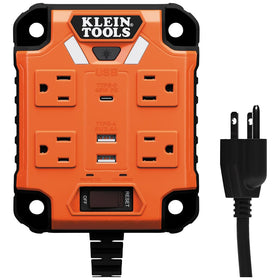 Klein Tools PowerBox front view showing outlets and ports for organized power
