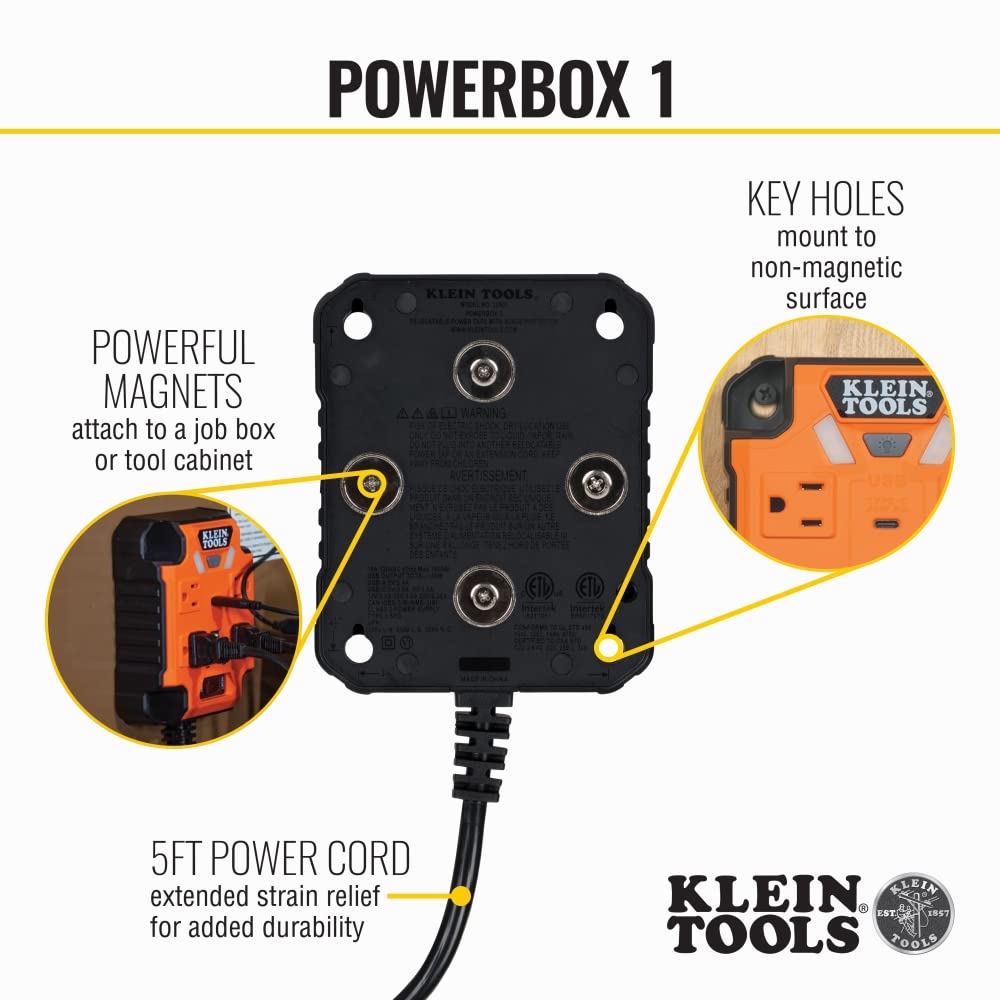 Klein Tools PowerBox LED light close-up illuminating toolbox contents for visibility