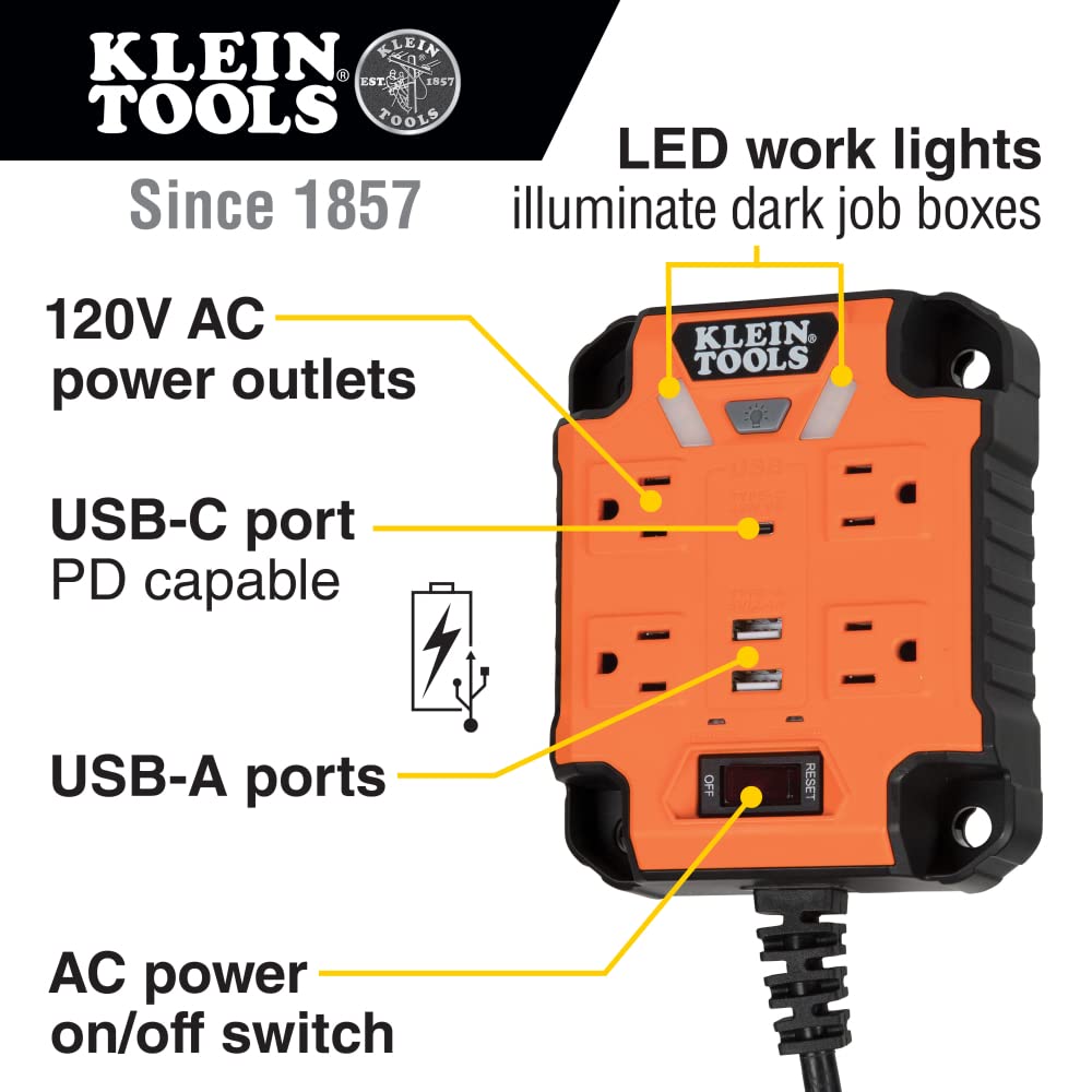 Klein Tools PowerBox magnetic mount attached to metal job box for quick setup