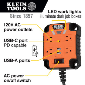 Klein Tools PowerBox magnetic mount attached to metal job box for quick setup