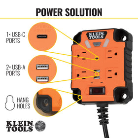 Klein Tools PowerBox USB ports detail including 45W USB-C PD for fast charging