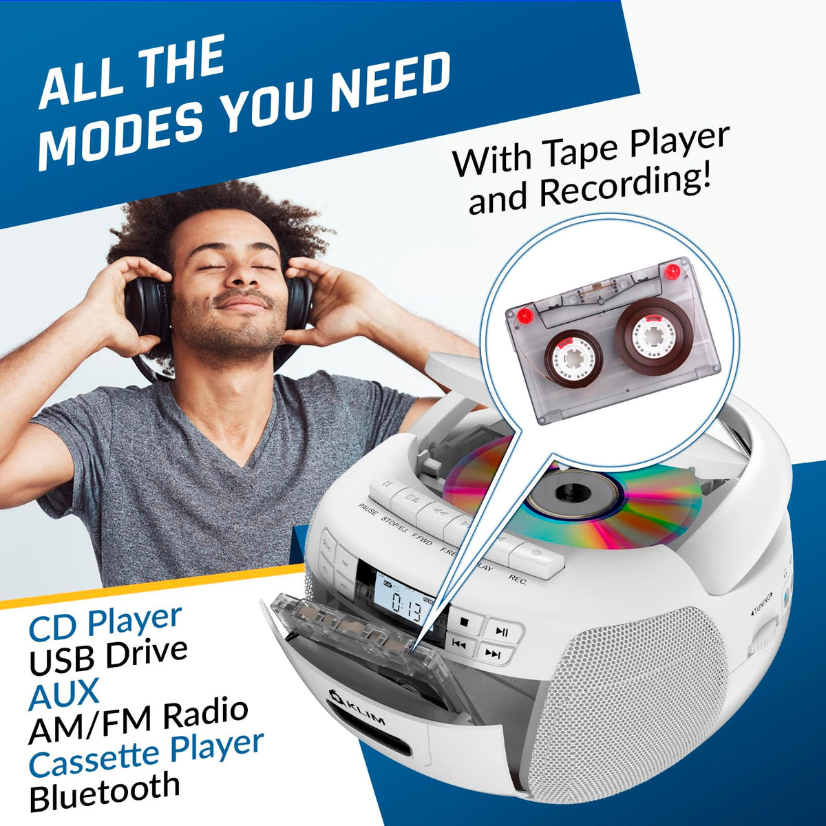 KLIM with CD tray open demonstrating CD and MP3/WMA playback capability