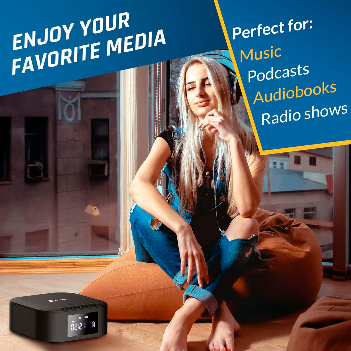 KLIM boombox E1 open CD tray demonstrating CD and MP3 playback capability
