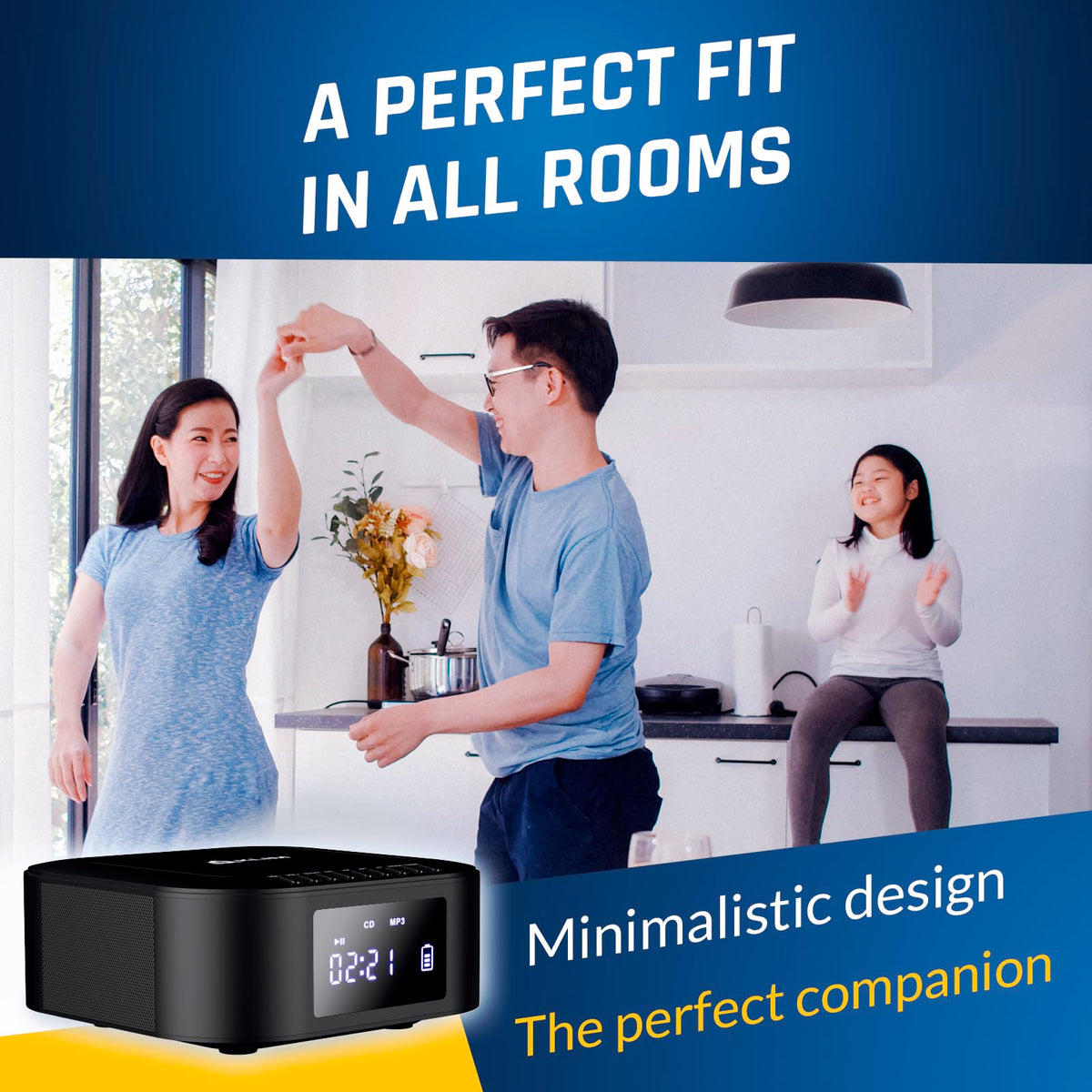 KLIM boombox E1 held in hand to show compact size and true portable convenience