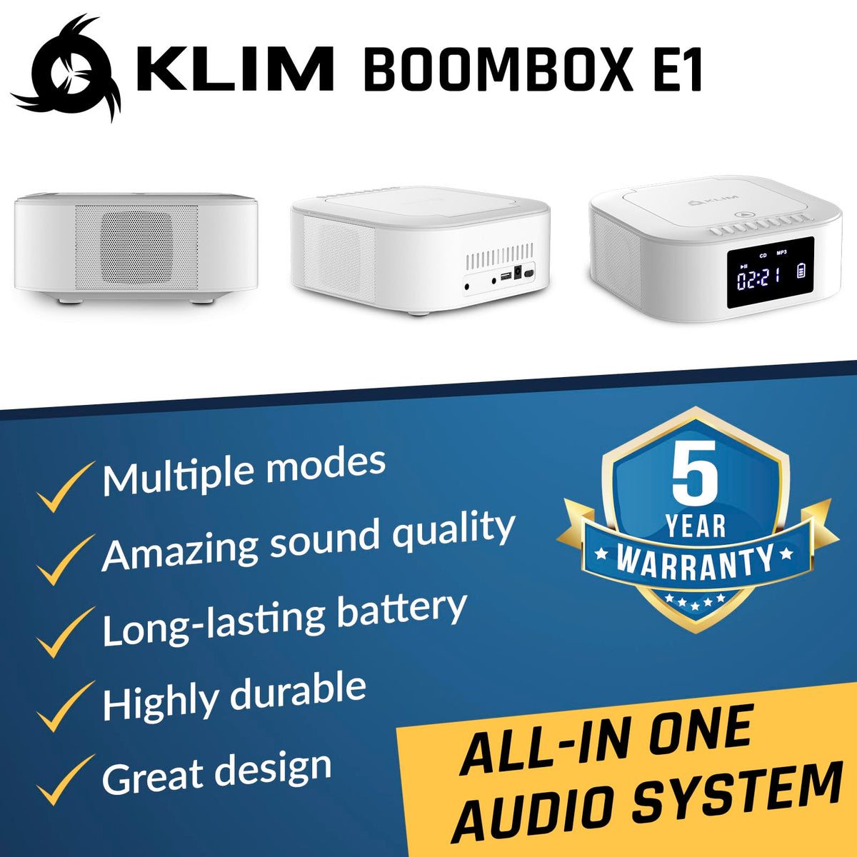 KLIM boombox E1 next to a book for size comparison showing compact portability