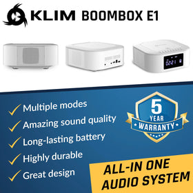KLIM boombox E1 next to a book for size comparison showing compact portability