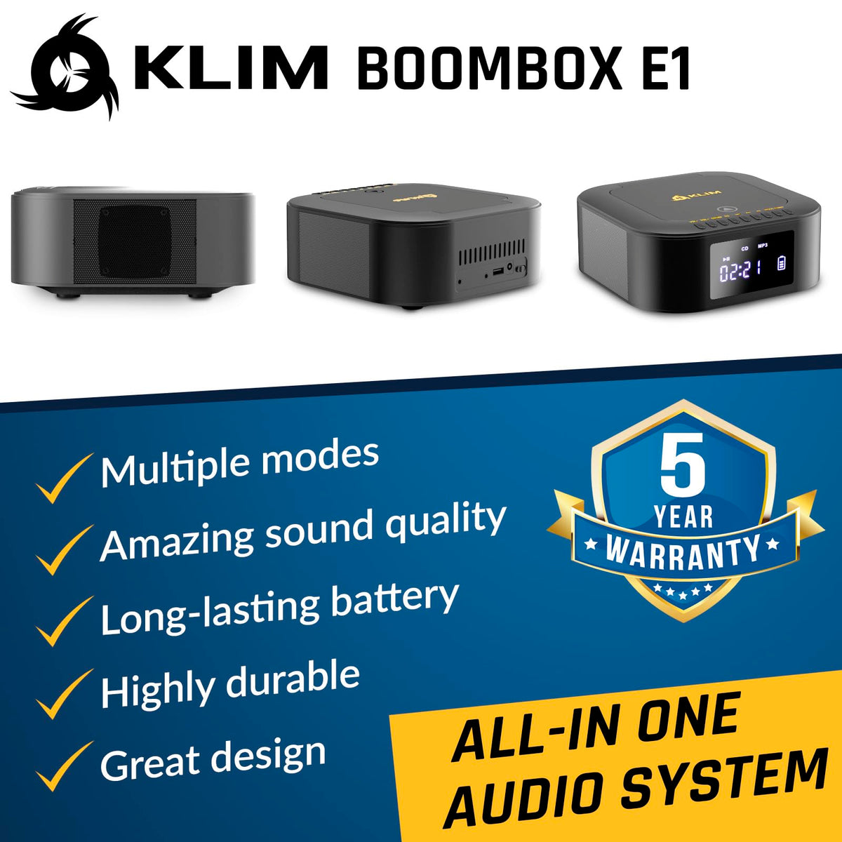 KLIM boombox E1 top-loading CD tray open, quick disc playback