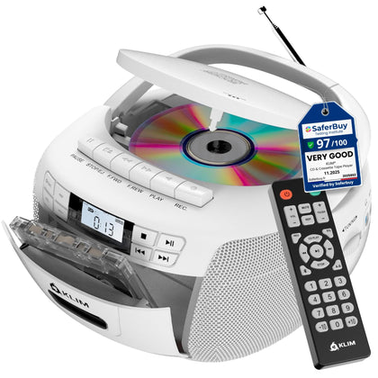 KLIM boombox front view showing speakers and CD tray for versatile playback