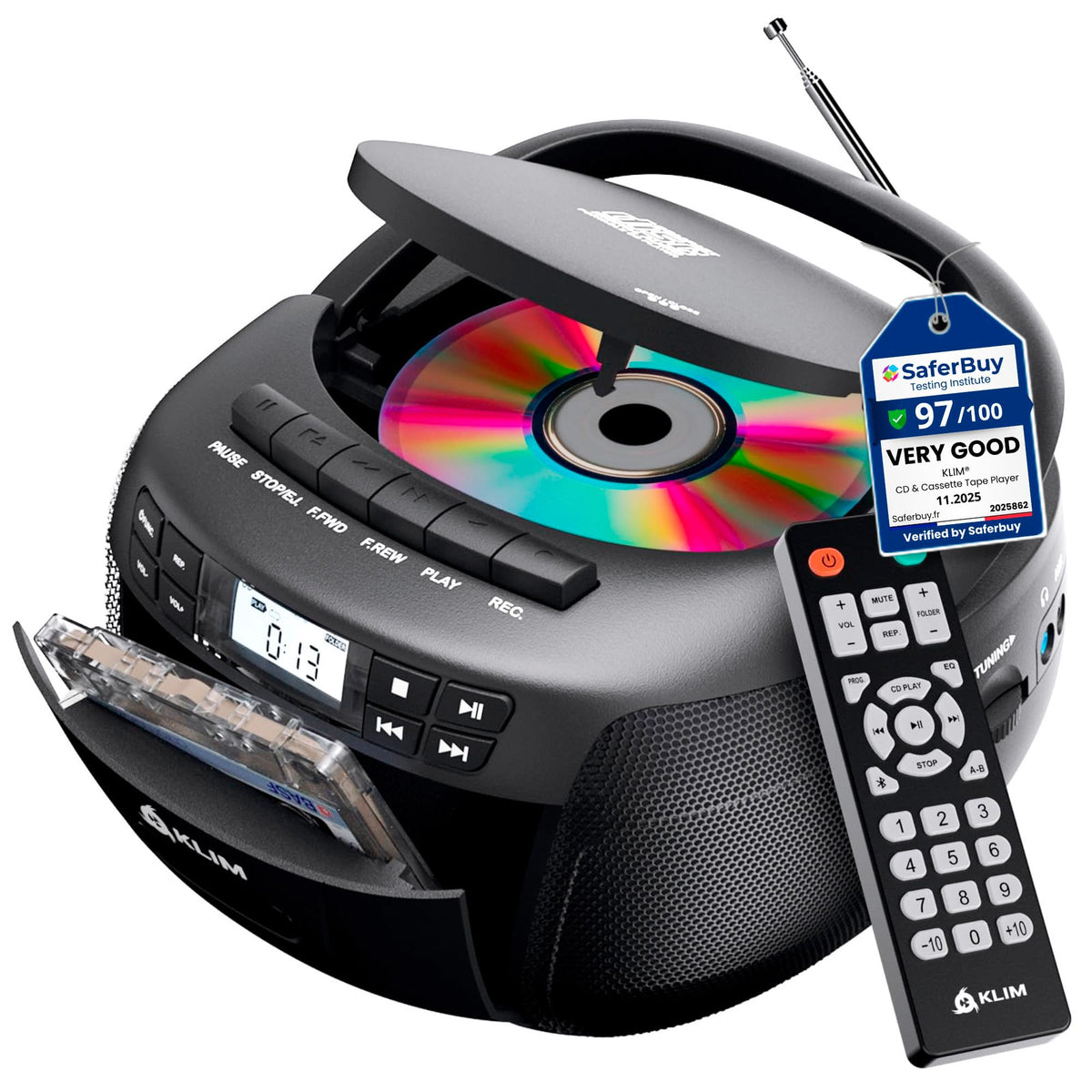 KLIM boombox front view showing speakers and display for clear stereo listening