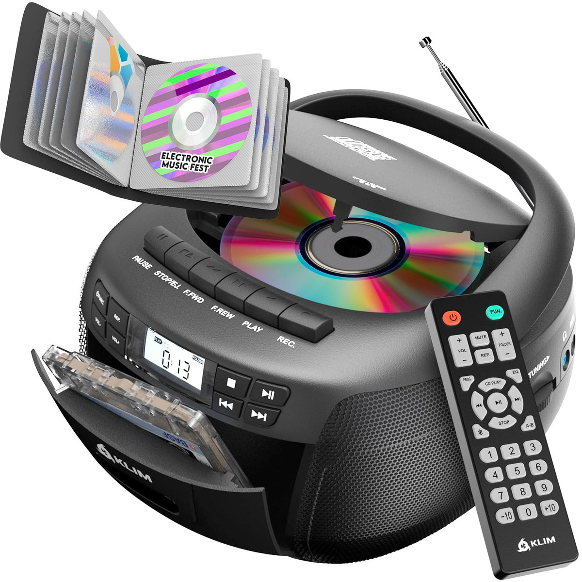 KLIM boombox front view showing speakers and display, clear stereo listening