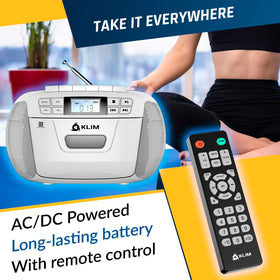 KLIM remote beside display illustrating remote control convenience