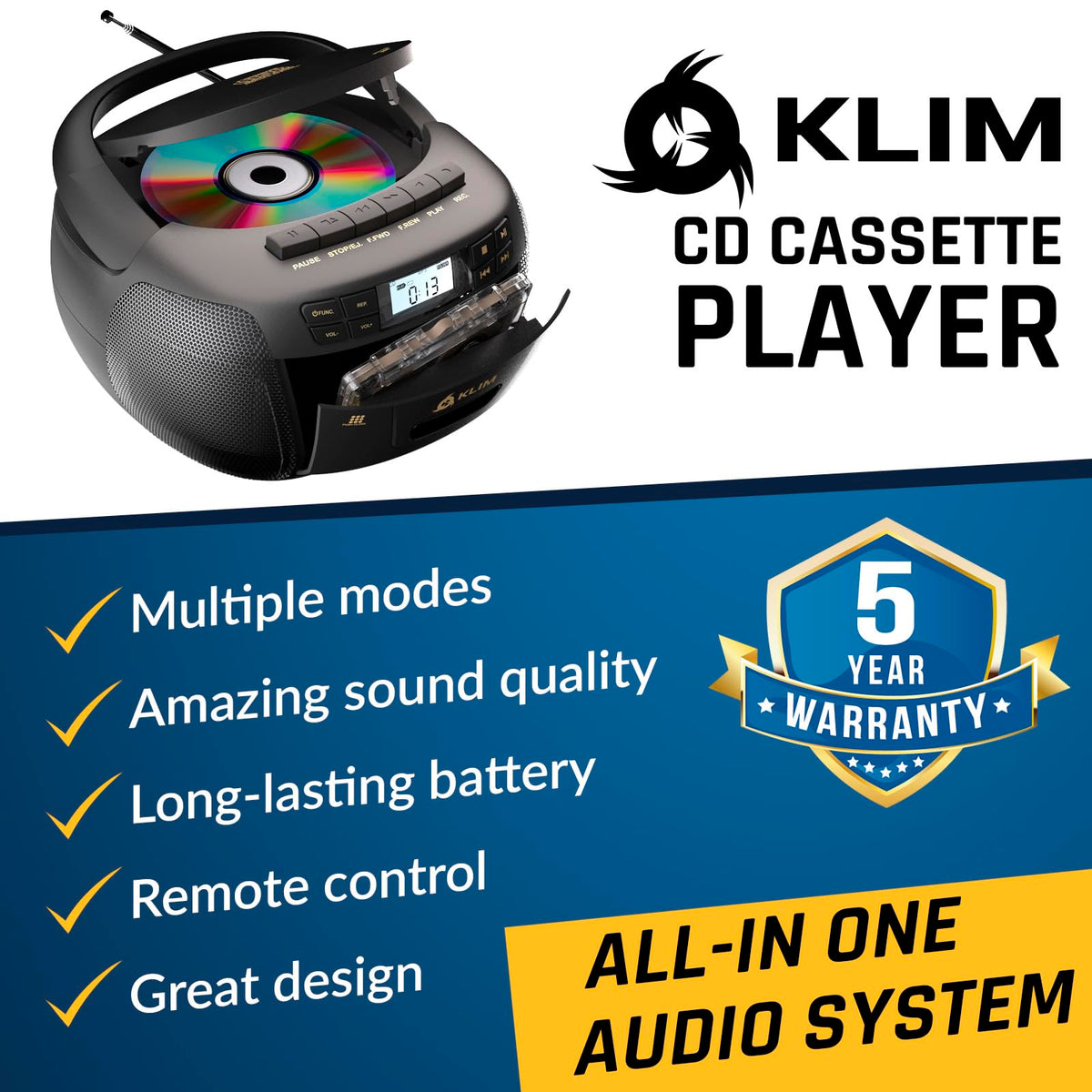 KLIM top CD tray open showing CD playback convenience and MP3 support