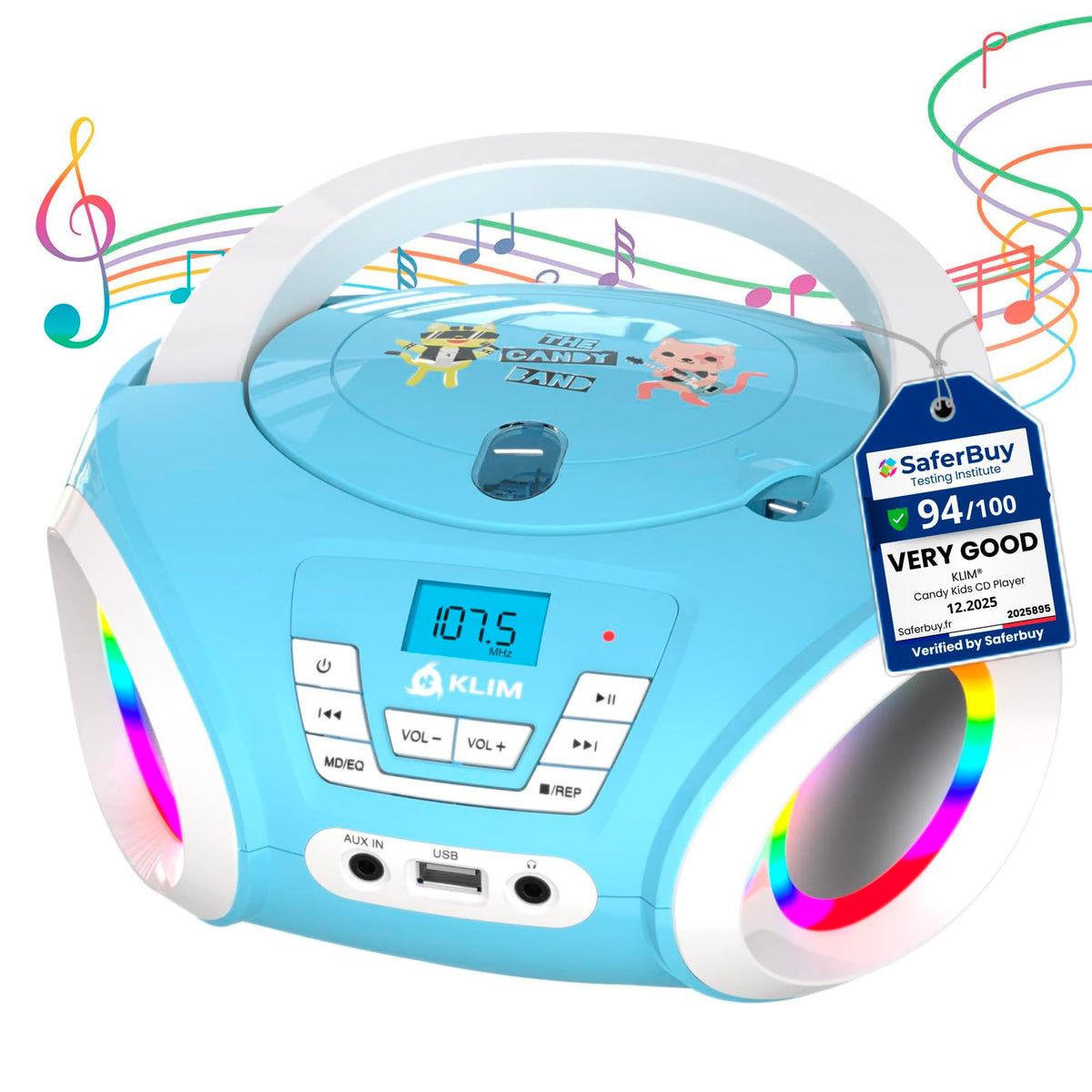 KLIM Candy front view showing speakers and easy controls, encouraging independent play