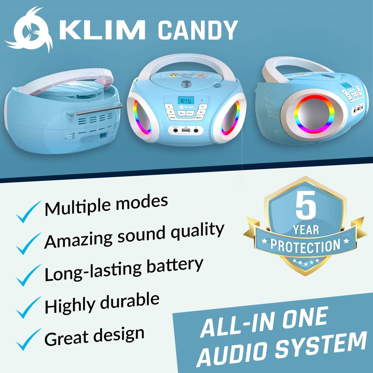 KLIM Candy top-loading CD tray open, demonstrating simple disc insertion for kids