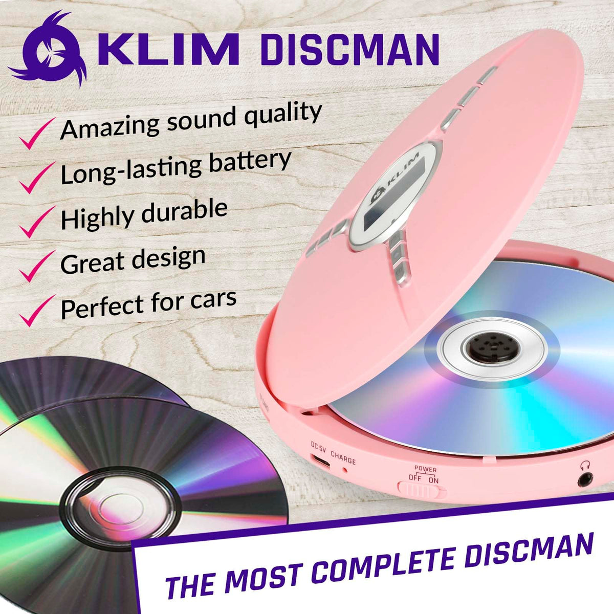 KLIM Discman open lid close-up showing disc tray and mechanism benefit: clear disc access