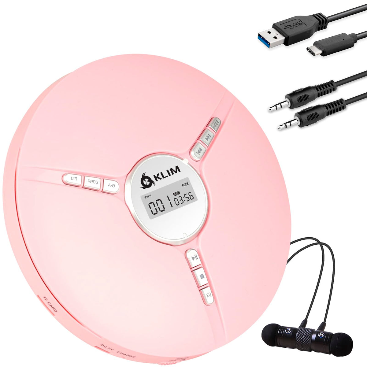 KLIM Discman front view in pink showing controls and sleek design benefit: easy operation