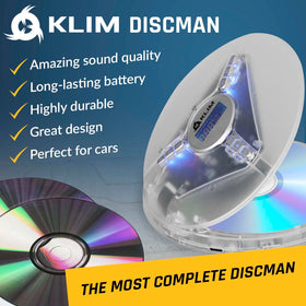 KLIM Discman open with CD visible demonstrating disc playback capability and anti-skip protection benefit