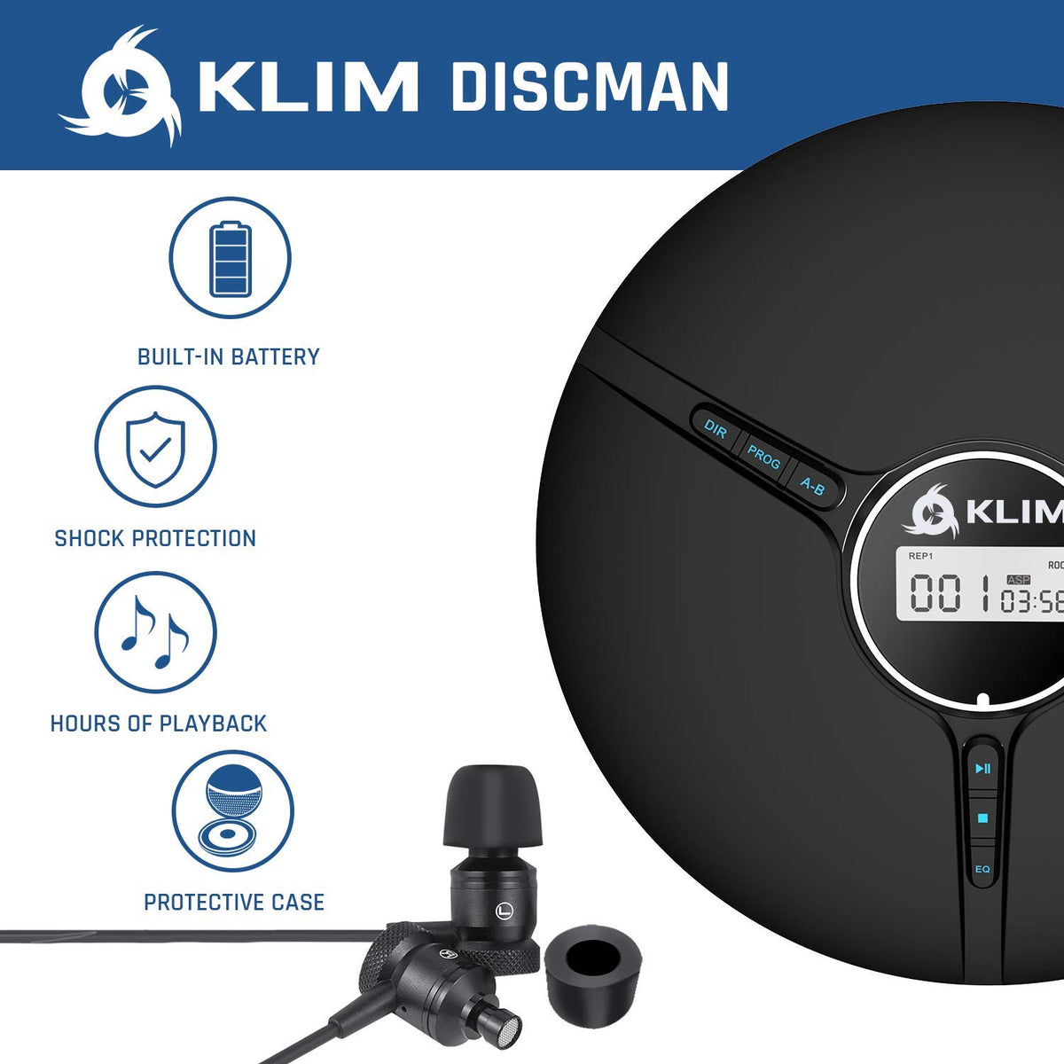 KLIM Fusion earbuds paired with KLIM Discman offering immediate high-quality listening